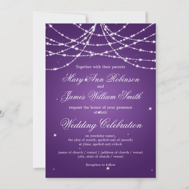 Invitation Mariage Élégant Étincelant Violet en Filigrane (Devant)