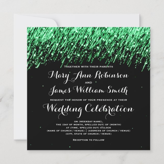 Invitation Mariage Élégant Étoiles Filantes "Vert Émeraude" (Devant)