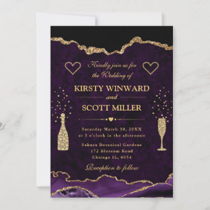 Invitation Mariage Élégant Faux Paillettes Agate Violet et Or