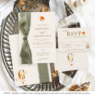 Invitation Mariage Élégant Feuilles d'Automne Ruban Rustique