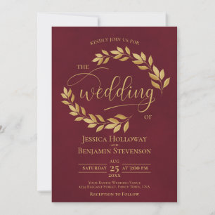 Invitation Mariage Élégant Feuilles Dorées Bourguignon Rustiq