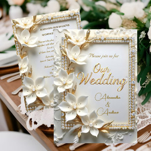 Invitation Mariage élégant Fleur de diamant or embossé blanc