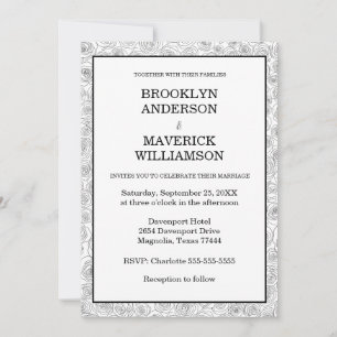 Invitation Mariage Élégant Fleur Rose Noir Blanc