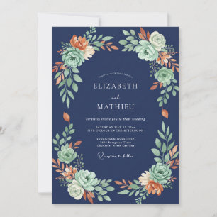 Invitation Mariage Élégant Fleuris de Sauge Navy