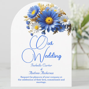 Invitation Mariage Élégant Fleurs Bleues Blanches Jaunes