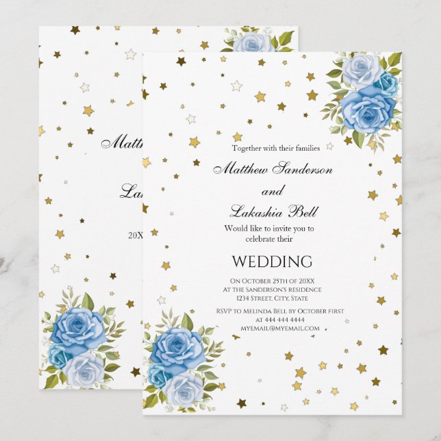 Invitation Mariage élégant fleurs bleues étoiles or (Devant / Derrière)