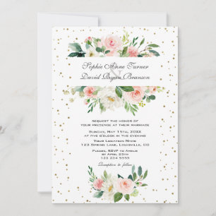 Invitation Mariage Élégant Fleurs Crème Rose Confettis Or