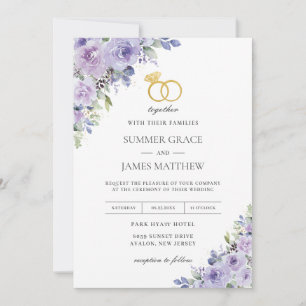 Invitation Mariage Élégant Fleurs de Lilas Violet Anneaux Dor