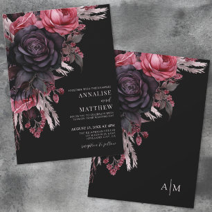 Invitation Mariage Élégant Fleurs Rouge Noir