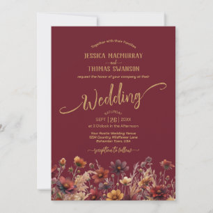 Invitation Mariage Élégant Fleurs Sauvages Bohème Bourgogne R
