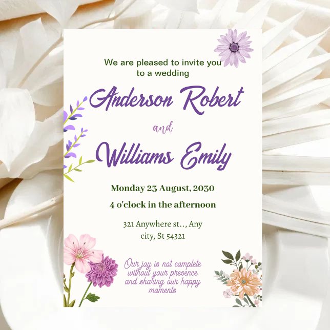Invitation mariage élégant Fleurs violettes rose, Feuilles ve (Créateur téléchargé)