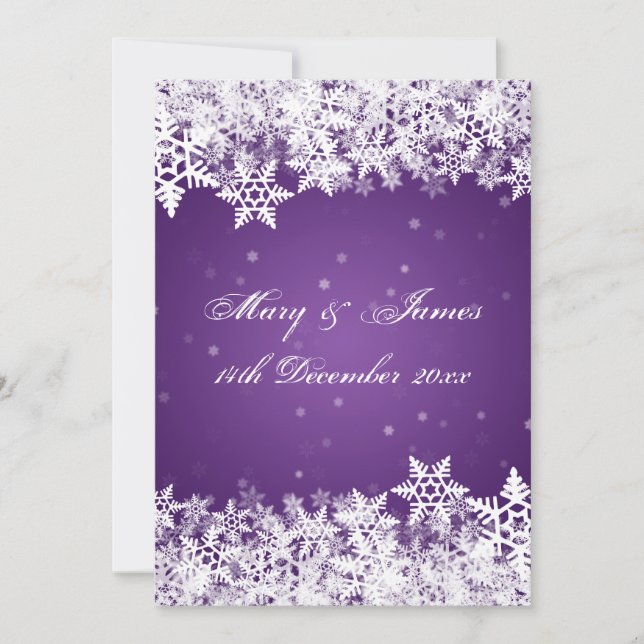 Invitation Mariage Élégant Flocons de Neige Hiver Violet (Devant)