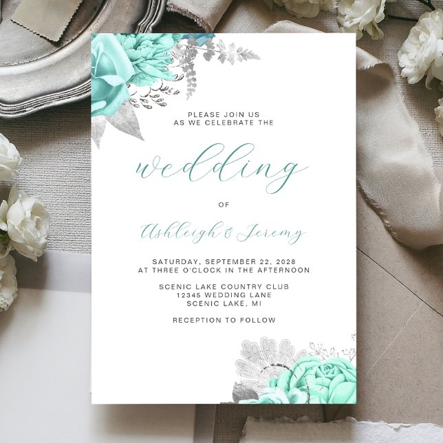 Invitation Mariage élégant floral aqua argent script (Créateur téléchargé)