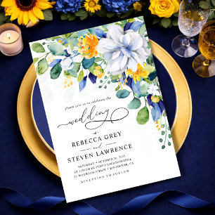 Invitation Mariage élégant floral aquarelle jaune et bleu