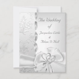 Invitation Mariage élégant Floral Argent Blanc Coeurs Bow