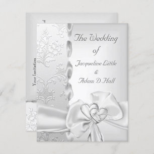 Invitation Mariage élégant Floral Argent Blanc Coeurs Bow