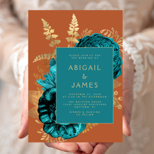 Invitation Mariage élégant floral bleu sarcelle or rouille
