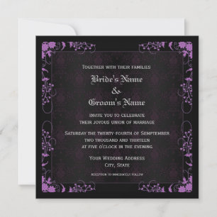 Invitation Mariage élégant floral en damas noir et violet