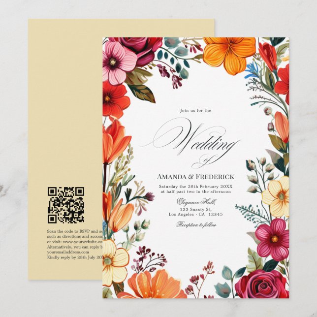 Invitation Mariage Élégant Floral Fiesta avec Code QR (Devant / Derrière)
