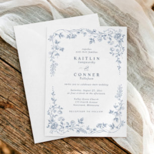 Invitation Mariage élégant floral français bleu poussiéreux v