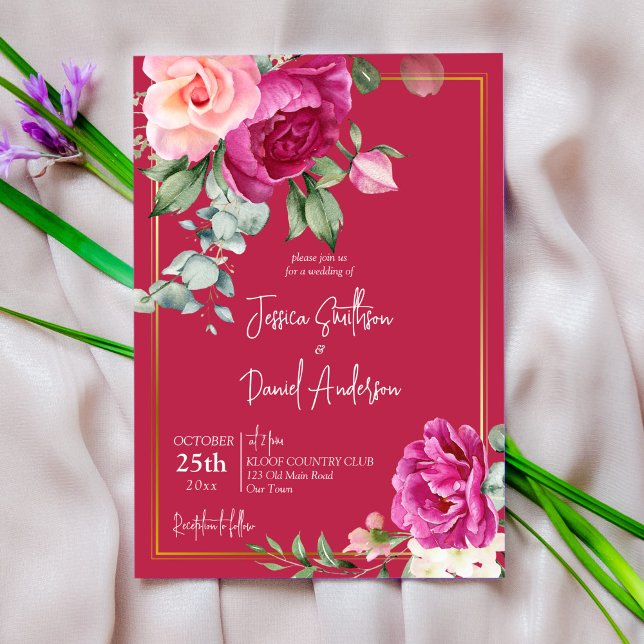 Invitation Mariage élégant floral magenta profond (Créateur téléchargé)