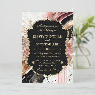 Invitation Mariage Élégant Floral Marbre Or Rose