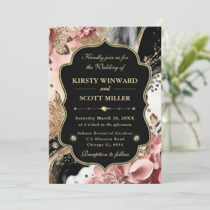 Invitation Mariage Élégant Floral Marbre Or Rose