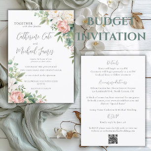 Invitation Mariage élégant floral rose et ivoire à budget mod