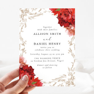 Invitation Mariage Élégant Floral Rouge Romantique Vintage