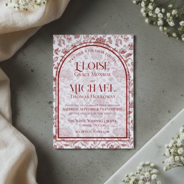 Invitation Mariage élégant floral toile monogramme rouge écri (Elegant Floral Toile Script Monogram Red Wedding Invitation)