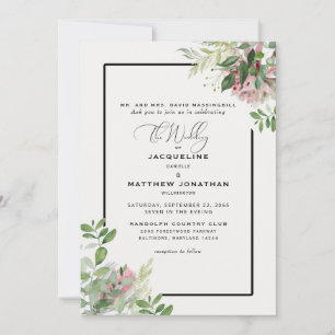 Invitation Mariage Élégant Floral Vert Fleur Rose