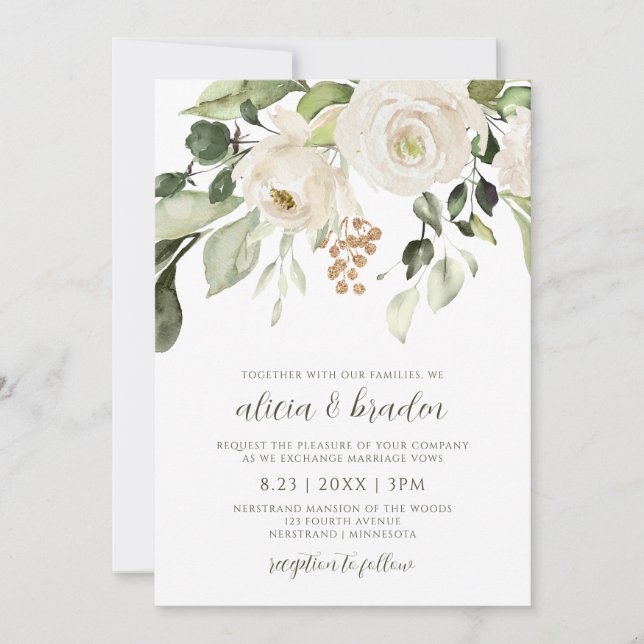 Invitation Mariage élégant Foliage Vert Or Blanc Floral (Devant)