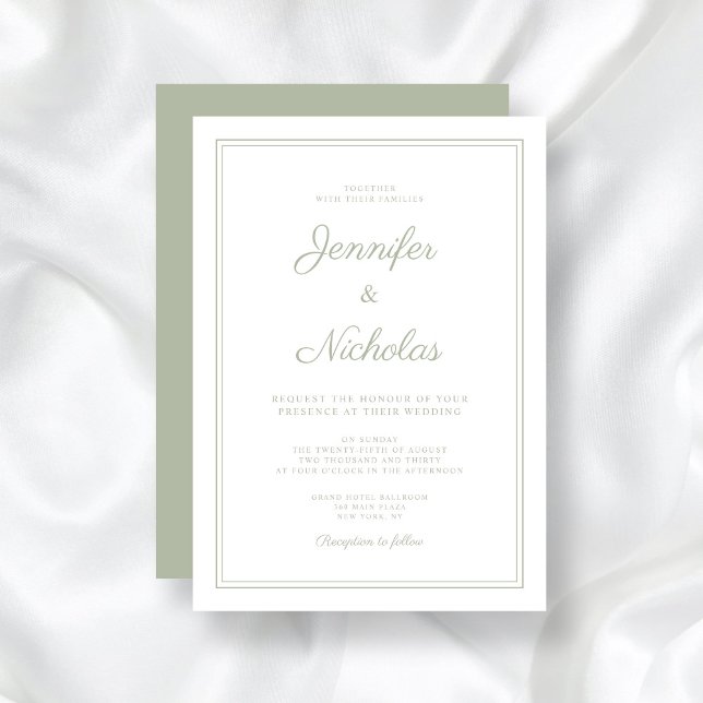 Invitation Mariage Élégant Formel Vert Sauge Script (Elegant Formal Sage Green Script Wedding Invitation)