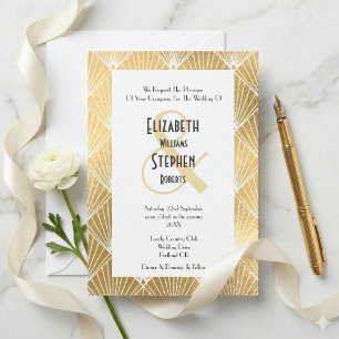 Invitation Mariage Élégant Gatsby Art Déco Blanc & Or