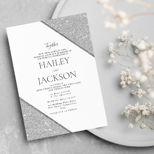 Invitation Mariage élégant géométrique blanc paillettes argen