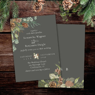 Invitation Mariage Élégant Gris Pierre de Verdure d'Hiver