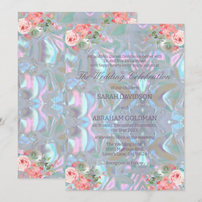 Invitation Mariage Élégant Iridescent Nacré (Devant / Derrière)