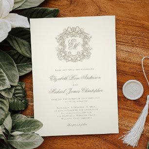 Invitation Mariage élégant Ivoire Blason Monogramme Orné