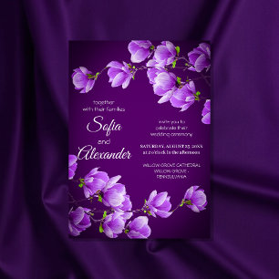 Invitation Mariage Élégant Magnolia Floral Pourpre