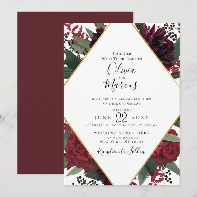 Invitation MARIAGE | Elégant Marsala Bourgogne Floral Rouge (Devant / Derrière)