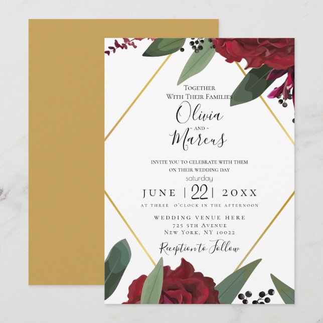 Invitation MARIAGE | Elégant Marsala Floral Bourgogne-Bourgog (Devant / Derrière)