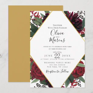Invitation MARIAGE   Elégant Marsala Floral Gol Bourgogne