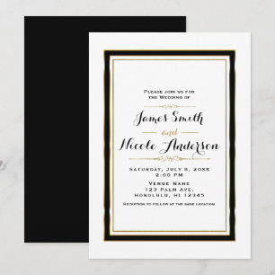 Invitation Mariage élégant minimaliste noir blanc et or
