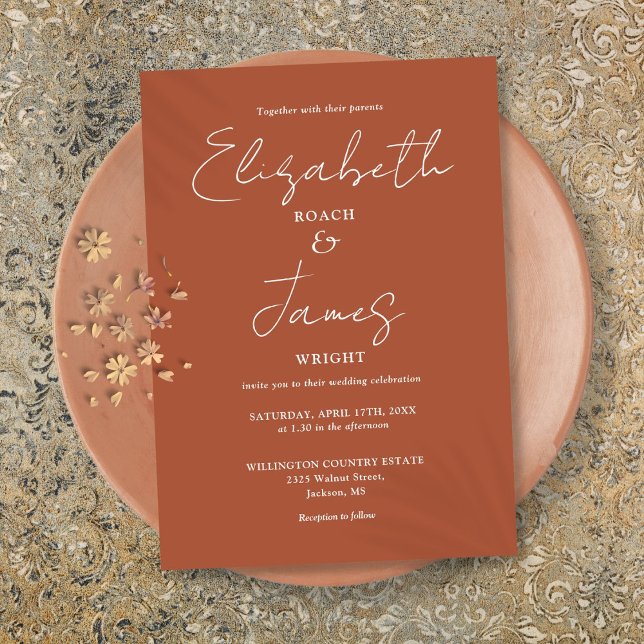 Invitation Mariage élégant minimaliste script terre cuite (Terracotta Minimalist Elegant Script Wedding Invitation)
