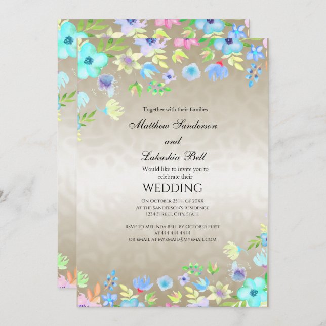 Invitation Mariage élégant moderne avec fleurs Turquoises (Devant / Derrière)