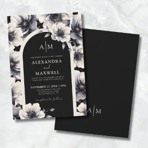 Invitation Mariage Élégant Moderne Blanc Fleurs Noires