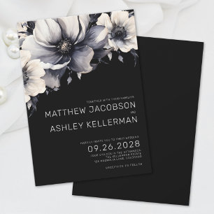 Invitation Mariage Élégant Moderne Blanc Fleurs Noires