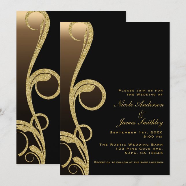 Invitation Mariage élégant moderne en noir et bronze doré en  (Devant / Derrière)