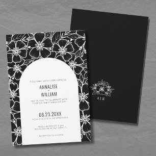 Invitation Mariage Élégant Moderne Floral Noir et Blanc
