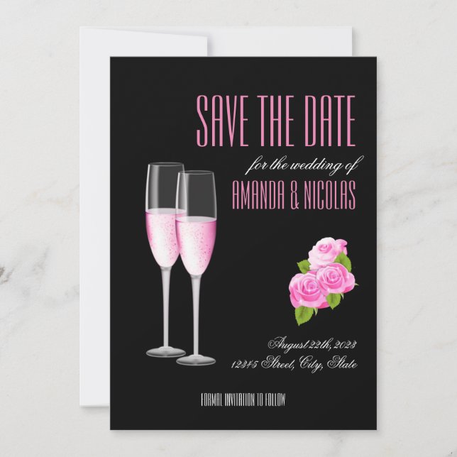 Invitation Mariage élégant moderne noir et rose Enregistrer l (Devant)
